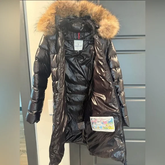 Moncler Shiny Black Down Long Jacket with Fur Trimmed Removable Hood - Picture 2 of 2